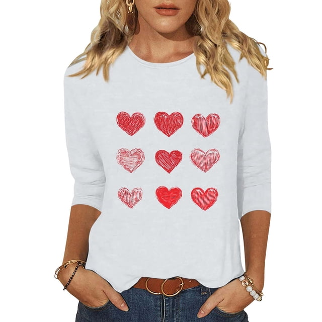 Tauxra T-Shirts Imprimés pour Femmes avec Manches 3/4, Hauts d'Été Décontractés Coupe Ample pour la Saint-Valentin, Blouses à Col Rond