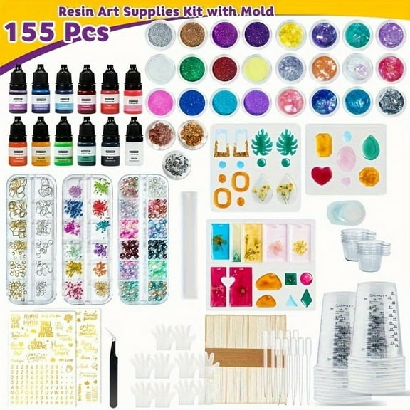 155pcs Epoxy Resin Jewelry Making Kit with 100 Essential Art Supplies | Silicone Molds, Pigments, Decorations, Wishes Letters, Mixing Cups, Stirring Sticks | DIY Jewelry Earrings Keychain Necklace