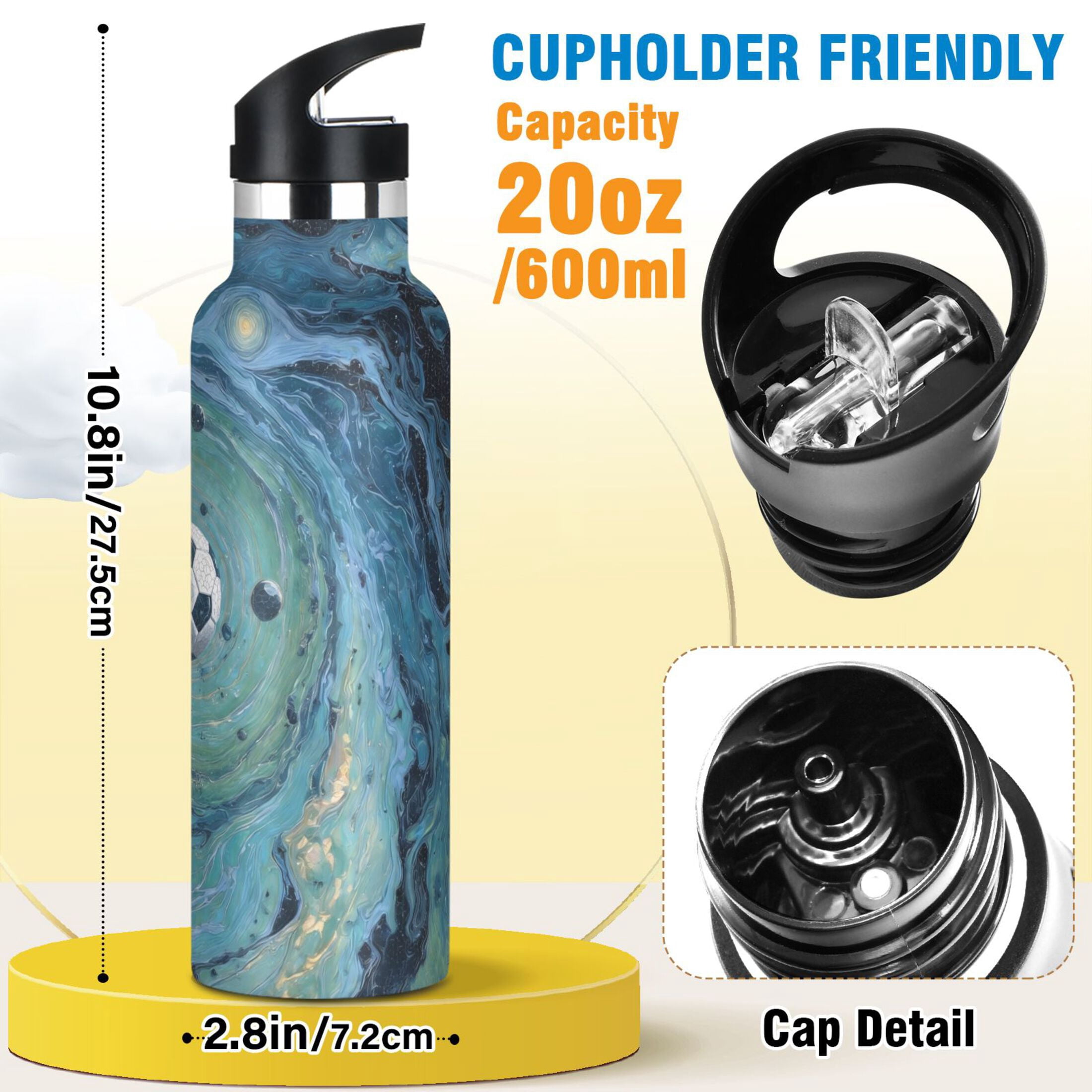 Kids Insulated Stainless Steel Sports Water Bottle 600ml Soccer Ball Floating in Space