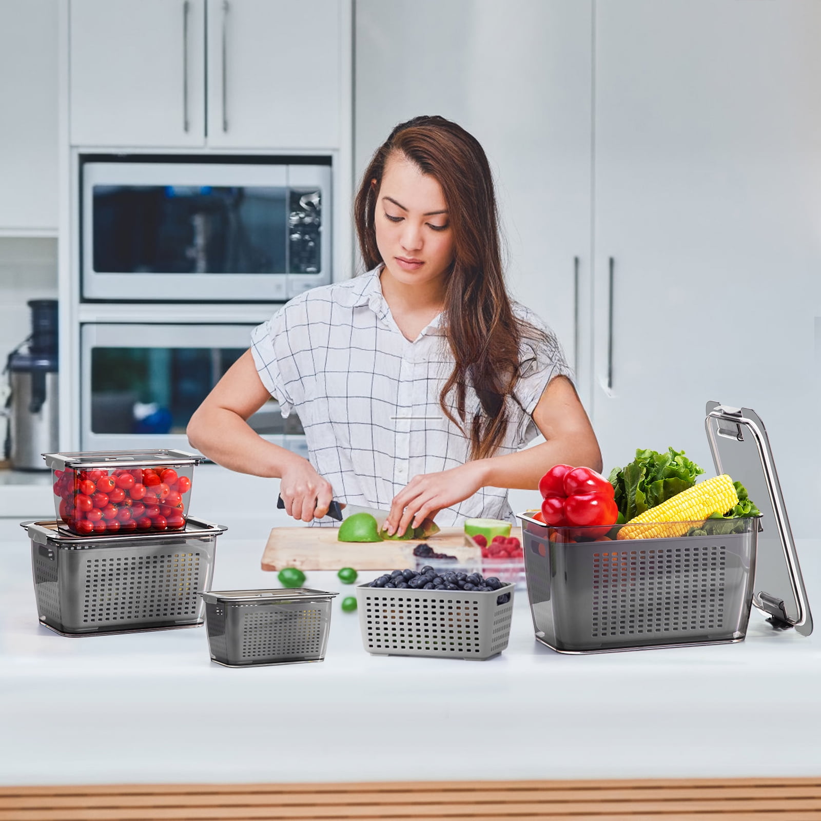 LUXEAR 4 Pack Vegetable Storage Containers for Fridge, Fruit Container with Lids &Removable Colander Large Fridge Organizer BPA-free for Fruit Vegetable, Berry, Meat Storage keep Fresh Longer Gray
