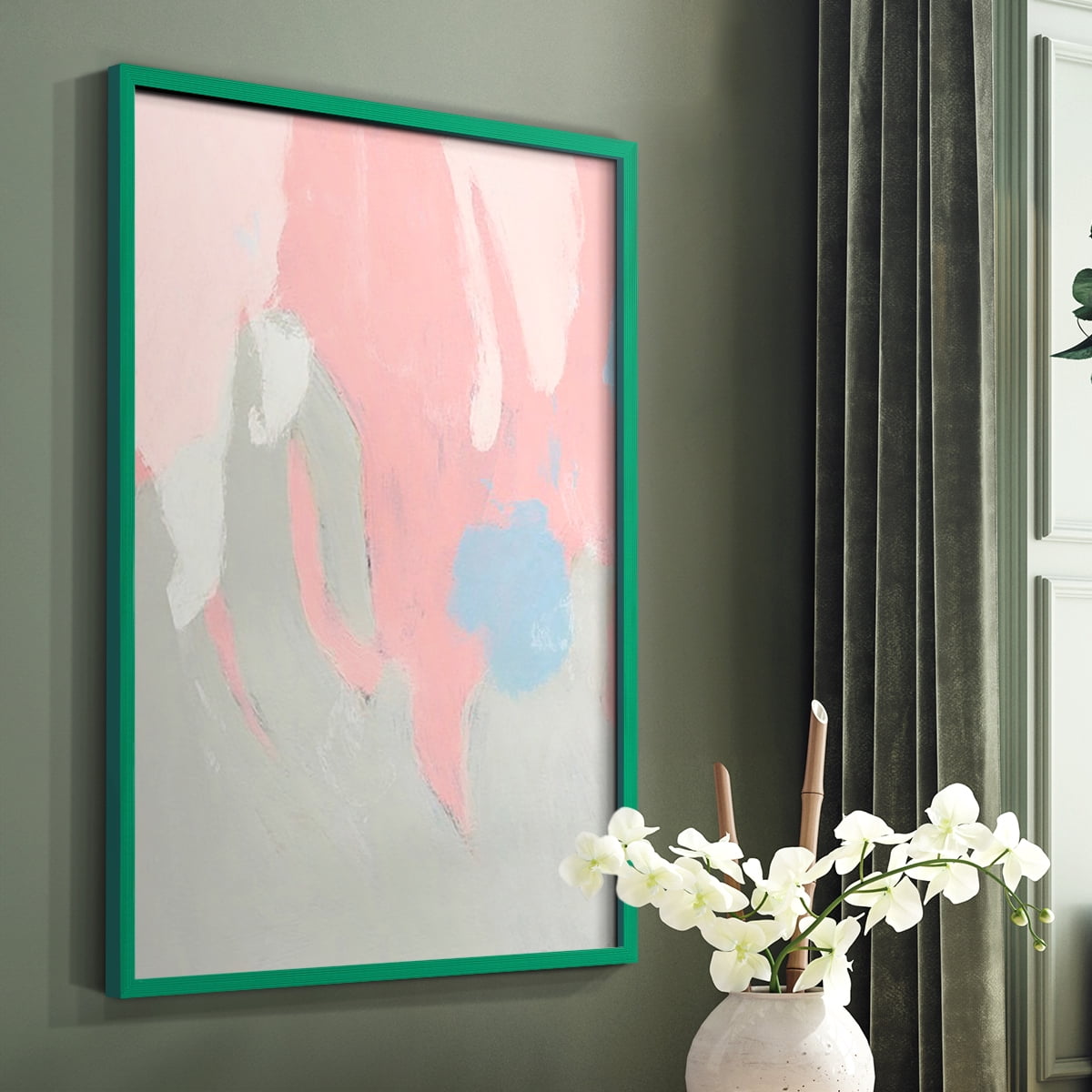 Blushing Abstract I Framed Print in Green Solid Wood Framed Print No Nail Hanging
