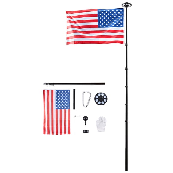 KFFKFF 20ft Telescopic Flagpole Kit with 136 LED Solar Light, Outdoor Aluminum Flagpole with 3x5 American Flag for Yard, Residential, and Commercial Use, Black