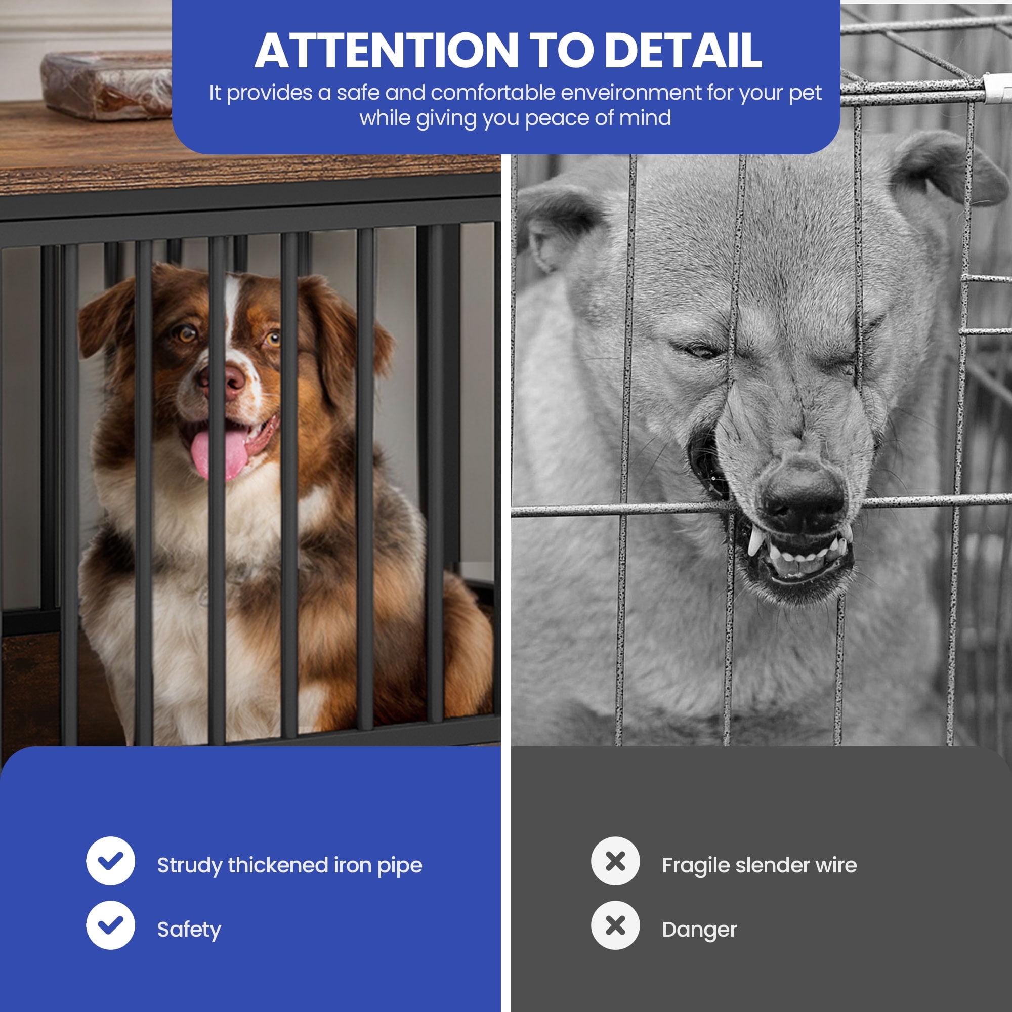 ModFusion 43" Metal Dog Crate Furniture Double Door Wheels Indoor Outdoor Kennel