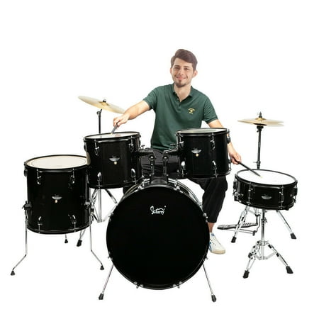 Brand New 5-Piece Full Size Complete Adult Drum Set w/ Cymbal Stands, Stool, Drum Pedal, Sticks, Floor Tom (Black)