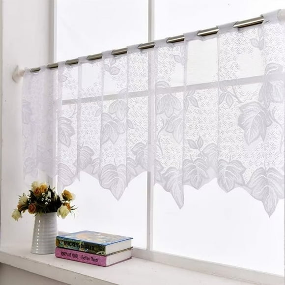 ZH.H Lace Kitchen Curtain Window Valance Sheer Embroideried Leaves Cafe Shop Rod Pocket Curtain White 17"*60"