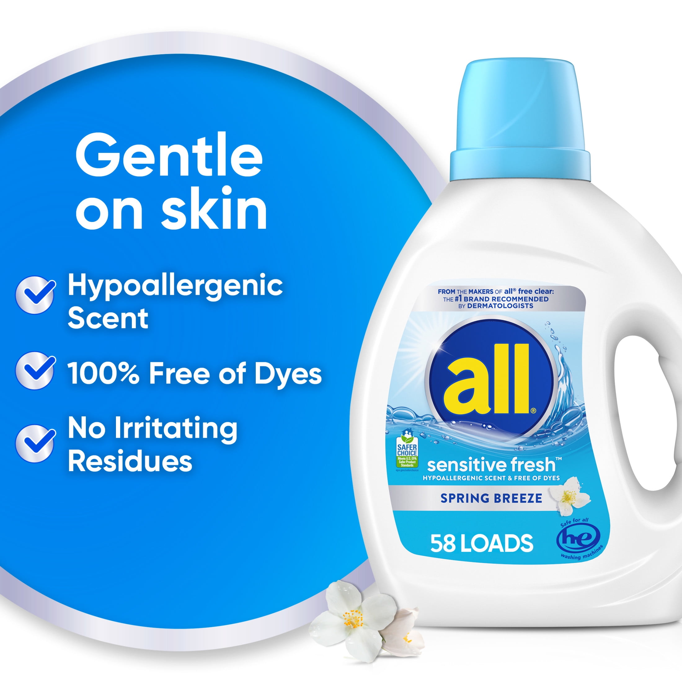 all Sensitive Fresh Liquid Laundry Detergent, Spring Breeze, 73 oz, 58 Loads
