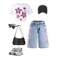 thumbnail image 2 of OYYN Girls Jean Shorts Y2K Cute Baggy Bow Shorts Summer Casual Wide Leg Comfort Flex Waistband Jean Short for School Street Skateboarding Clothing, 2 of 6