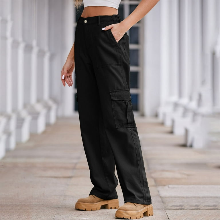 Hfyihgf Cargo Pants for Women 2024 Fall Straight Barrel Trousers with Pocket Mid Rise Cargo Trousers Combat Military Pants Spring Summer Black XL
