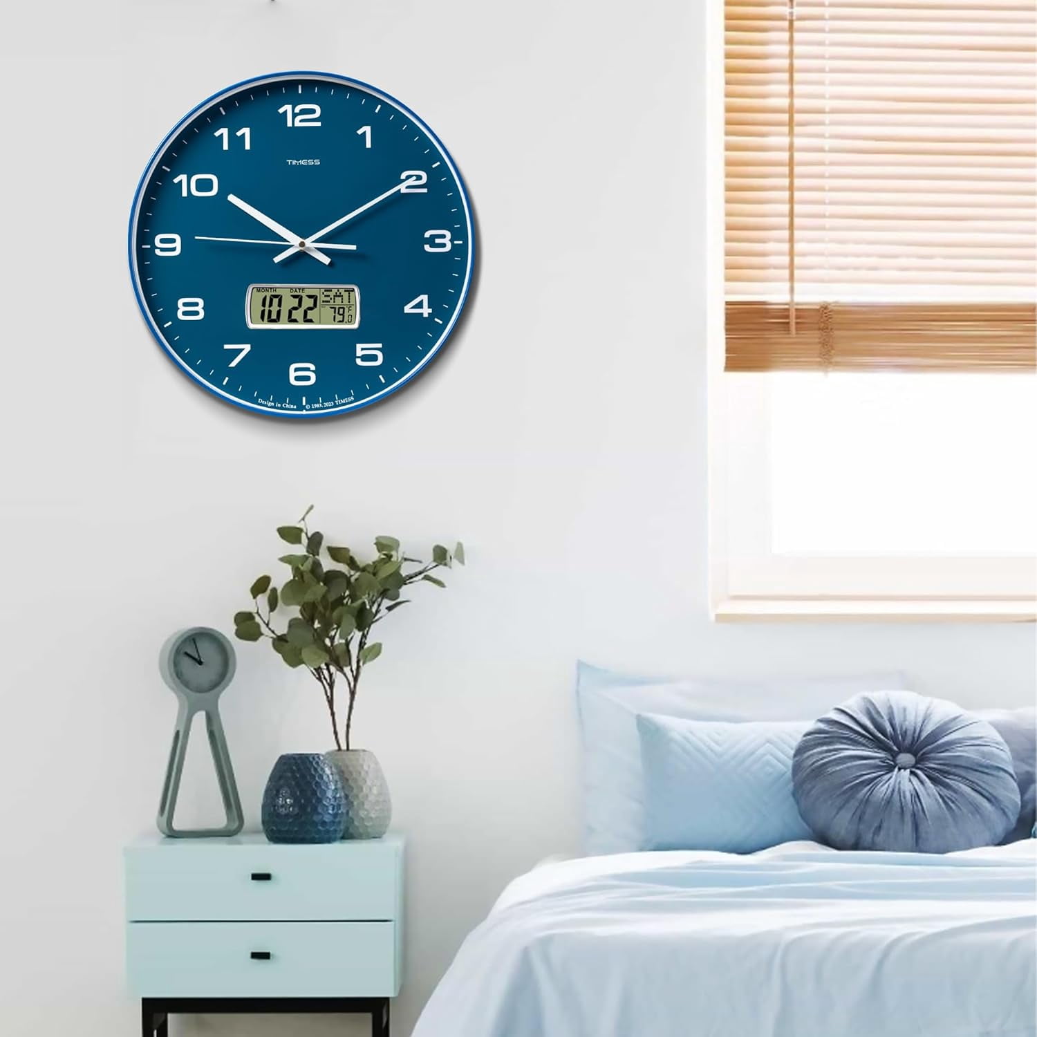 TIMESS 10" Analog Wall Clock with Date Display, Battery Operated Modern Clock for Living Room (Blue)
