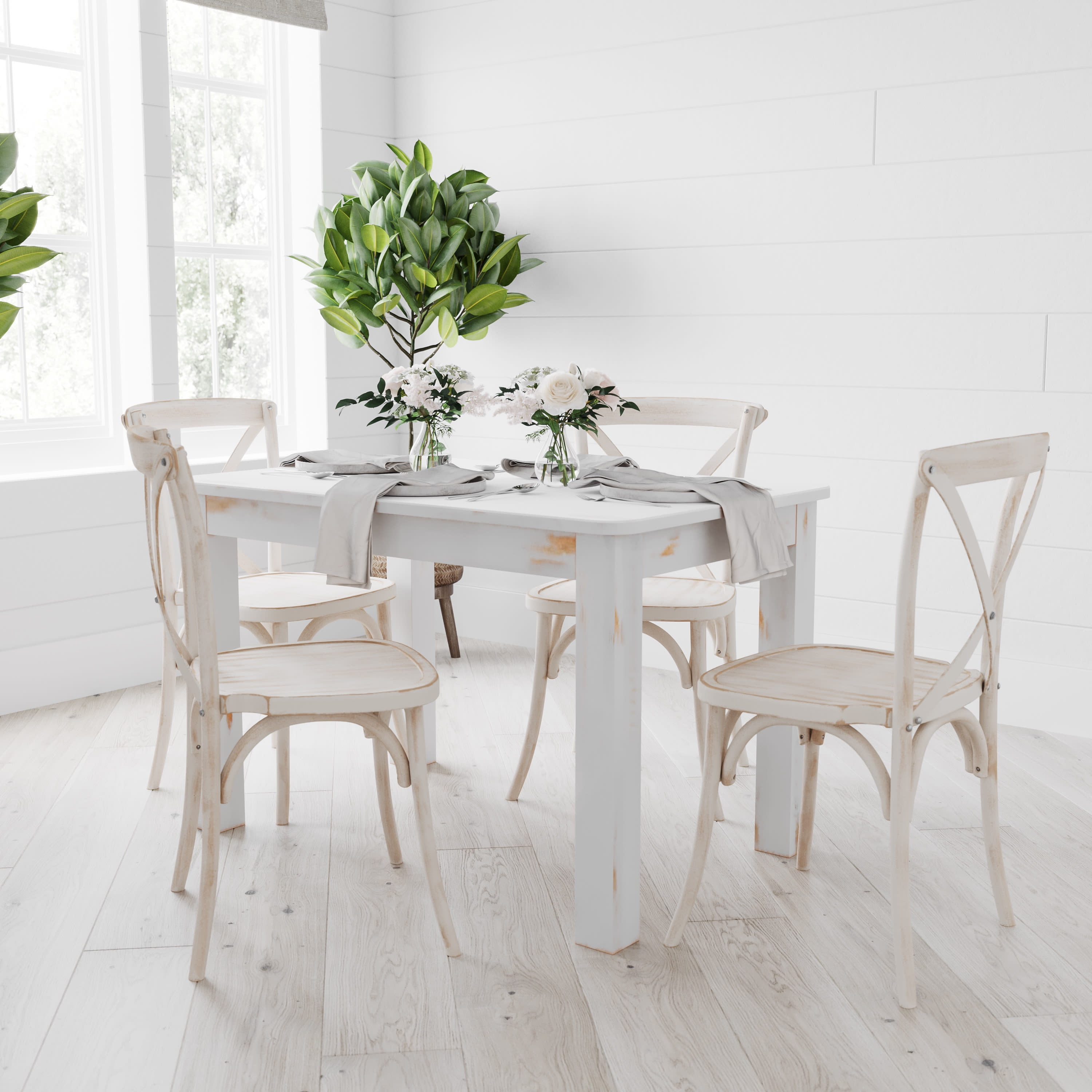 Merrick Lane 46" x 30" Rectangular Antique Rustic White Solid Pine Farm Dining Table