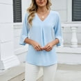 thumbnail image 2 of Lenpel Women's Chiffon Tunic Tops 3/4 Length Sleeve V Neck Pleated Curved Hem Dressy Casual Work Shirts Loose Office Blouses(Sky Blue,X-Large), 2 of 7