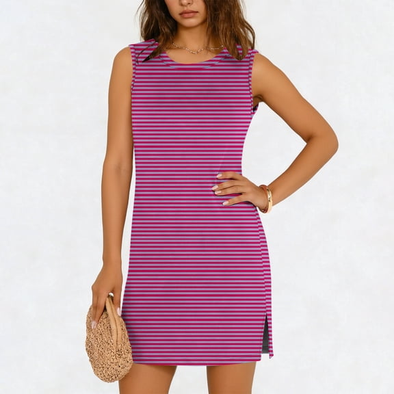 BRGZLK Women Mini Dresses Summer Daily Casual Trendy Striped Sleeveless Round Neck Pullover Side Slit Sundress Loose Fit Tank Beach Dress Hot Pink XXL