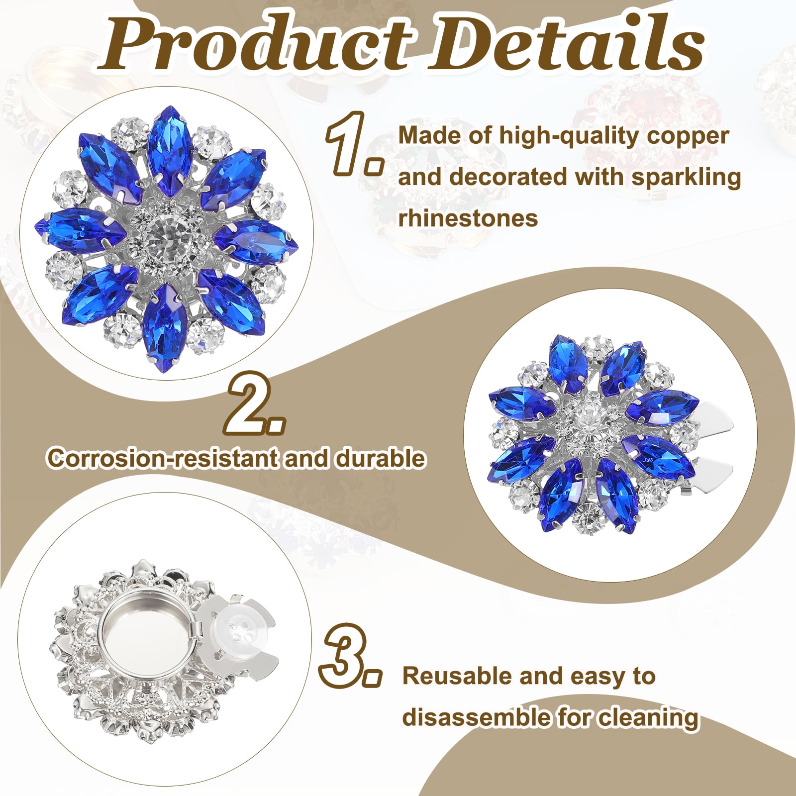 6 Pcs Rhinestone Button Covers Decorative Clips with 10 Pcs White Sewing Buttons Detachable Marquise Sewing Replacement for Women Men DIY Crafts Accessories (Navy Blue/Silver)