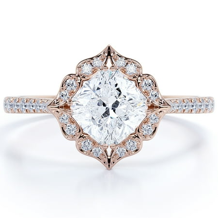 JeenMata Compass 1.25 Carat Cushion Cut Engagement Ring - Vintage Engagement Ring - in 18k Rose Gold over Silver