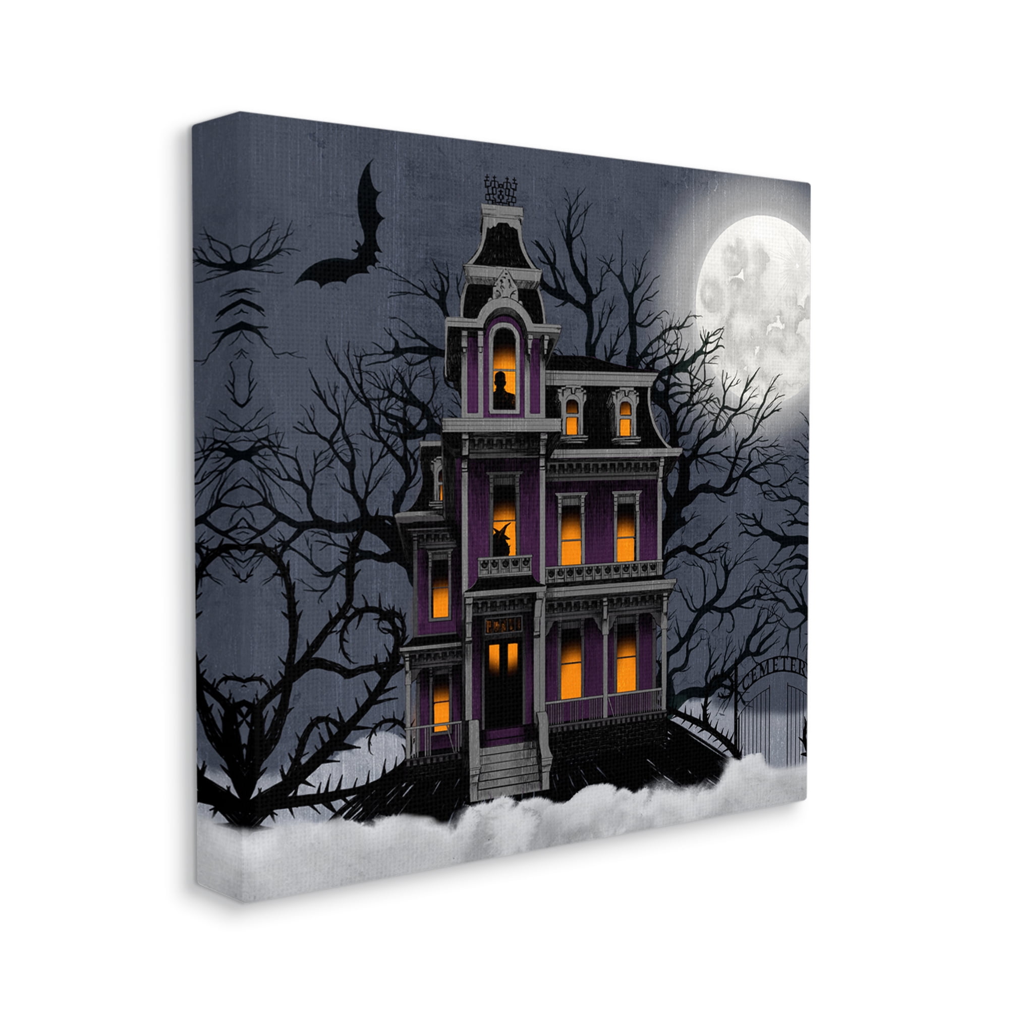 Creepy Haunted Halloween House Under Moonlit Sky Holiday Painting Gallery-Wrapped Canvas Print Wall Art