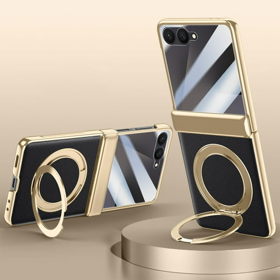 ELEHOLD Magnetic Case For Samsung Galaxy Z Flip 7, Compatible with Mag-Safe ,Hinge Protection Luxury Plated Frame Ring Stand Magnetic Cover Built-in Front Screen Protector , Black