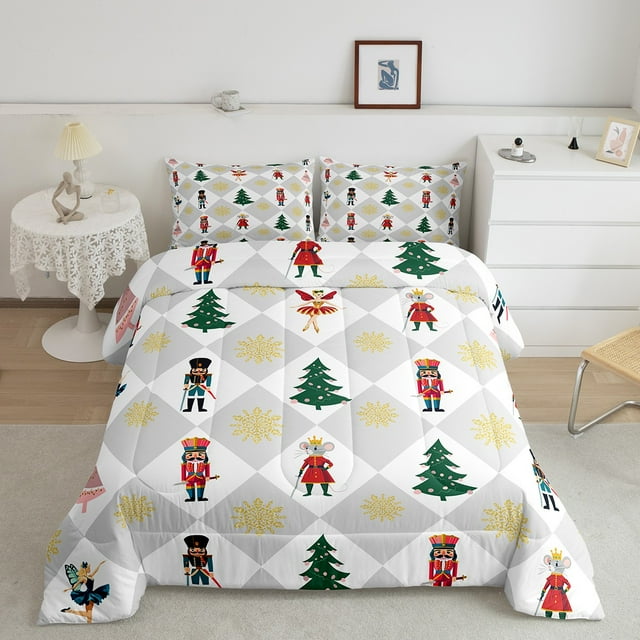 Christmas Nutcracker Decor Comforter Set Toddler Size,Nutcracker Soldier Mouse Ballet Girl Quilt Set for Kids Teens,Christmas Tree Gold Snowflake Bedding Set Grey Check Duvet Insert 2Pcs