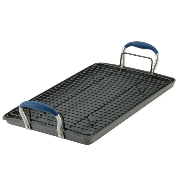 Anolon Advanced Hard Anodized Nonstick Double Burner Griddle with Roasting Rack, 2-Piece, Indigo