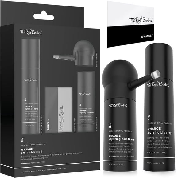 The Rich Barber N'Hance Pro Barber Kit II - Juego de peinado 4 en 1 para cabello y barba con fibras de construcción de cabello con queratina, tarjeta de aplicación de bomba aplicadora de spray de fija