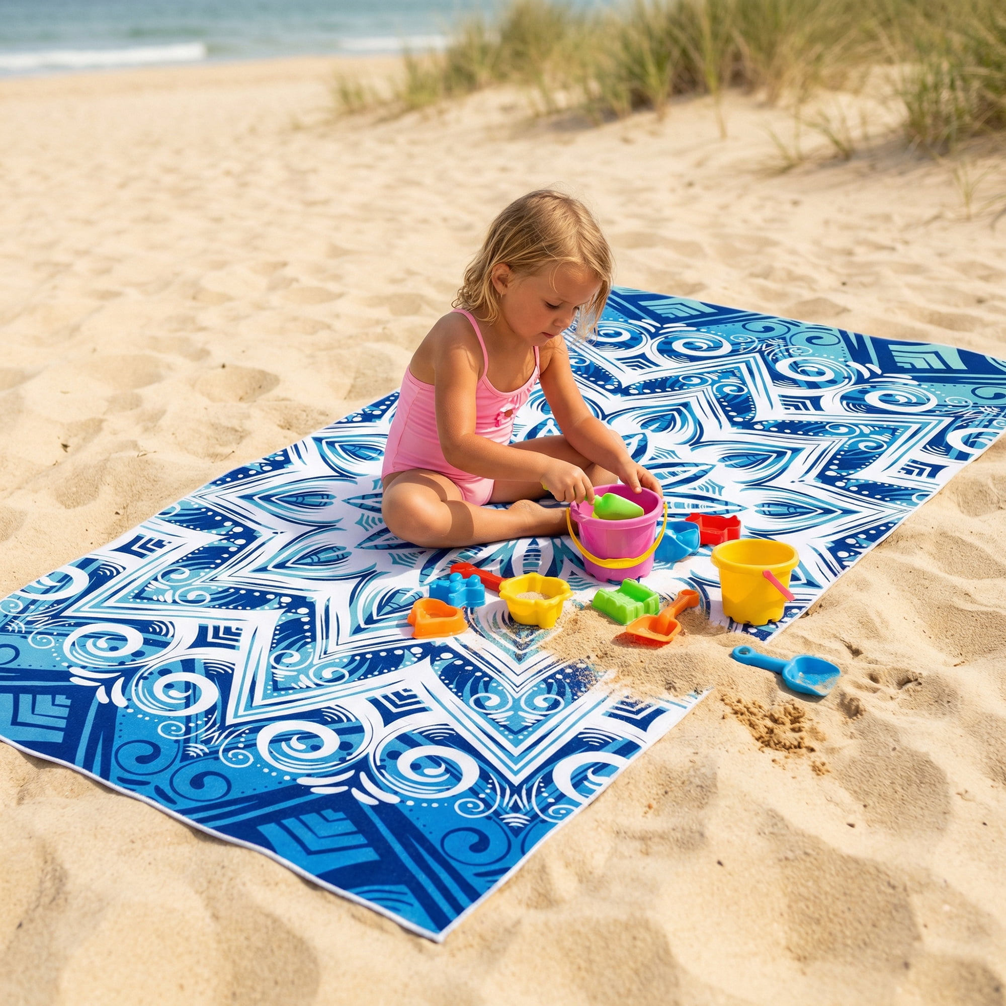 Unique Bargains Soft Absorbent Beach Towel 2 Pack Blue Green/Turquoise Mandala 71"x35"