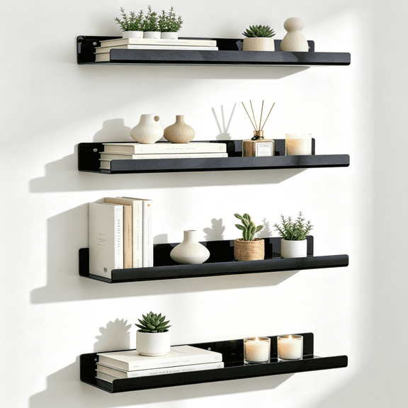 Acrylic Wall Shelves Set of 4, 15 Inch Black Floating Shelf for Bathroom, Bedroom, Living Room, Display Perfume Organizer, Books, Toys, Heavy Duty Wall Mount, Space Saving Decor