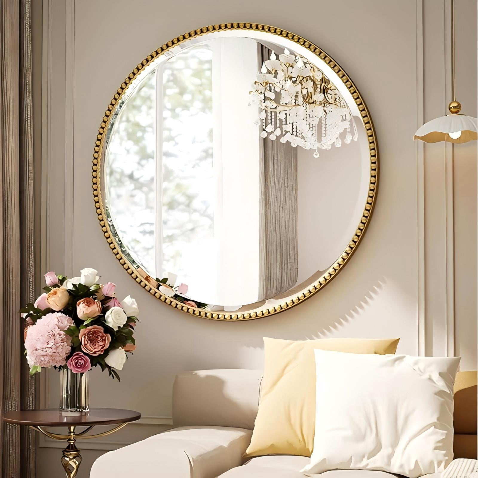 Mirrasia 24" Round Wall Mirror Decoration Hanging Mirror With Beaded Frame,Gold