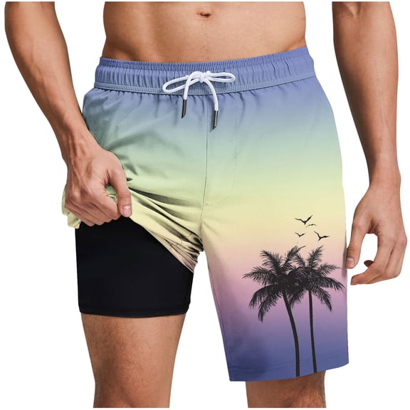 SELONE Mens Swim Trunks with Liner Tropical Print Beach Shorts Drawstring Elastic Waist Bathing Suit Pockets Swimwear