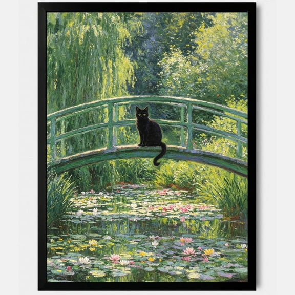 BTFSigns Black Framed Monet 'Water Lilies' with Cat – Vintage Canvas Art, Funny Aesthetic Wall Decor for Bedroom, Bathroom, Living Room, 8x12 Inches