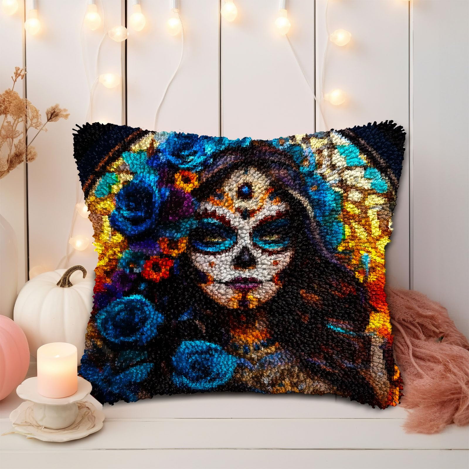 Skull Woman Beauty and Rose DIY Latch Hook Pillow Kits for Adults Printed Pillowcase Crochet Yarns Hooking Handmade Pillow Cover Cushion for Home Sofa Decoration 17x17inch