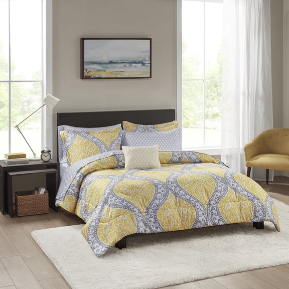 Mainstays Yellow Damask 6-8 Piece Bed in a Bag Comforter Set with Sheets