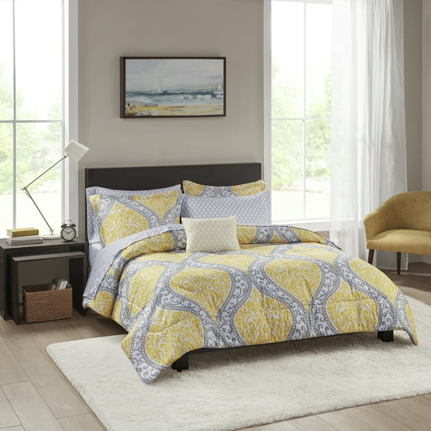 6 Piece Bed In A Bag Bedding Set, Yellow And Gray Twin Bedding