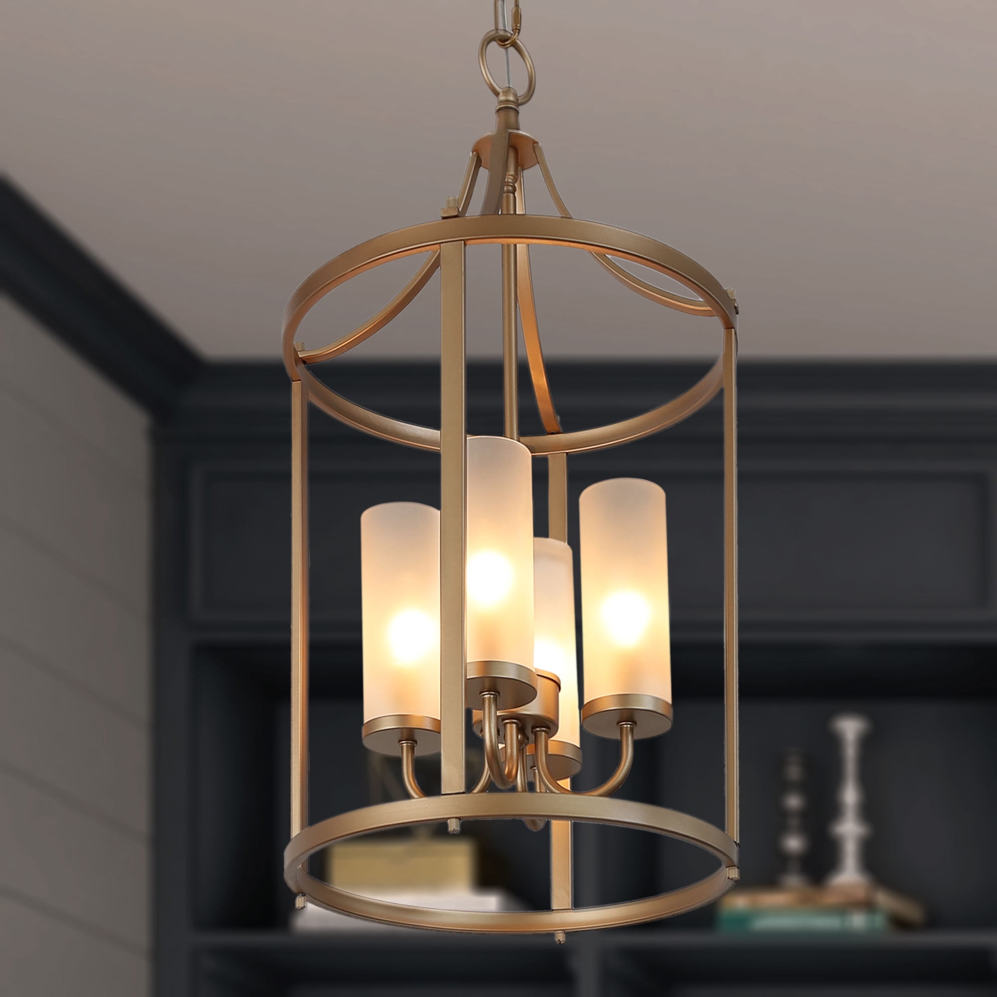 Distressed Bronze 4 Light Chandelier/Island Light With Frosted Bell Glass 