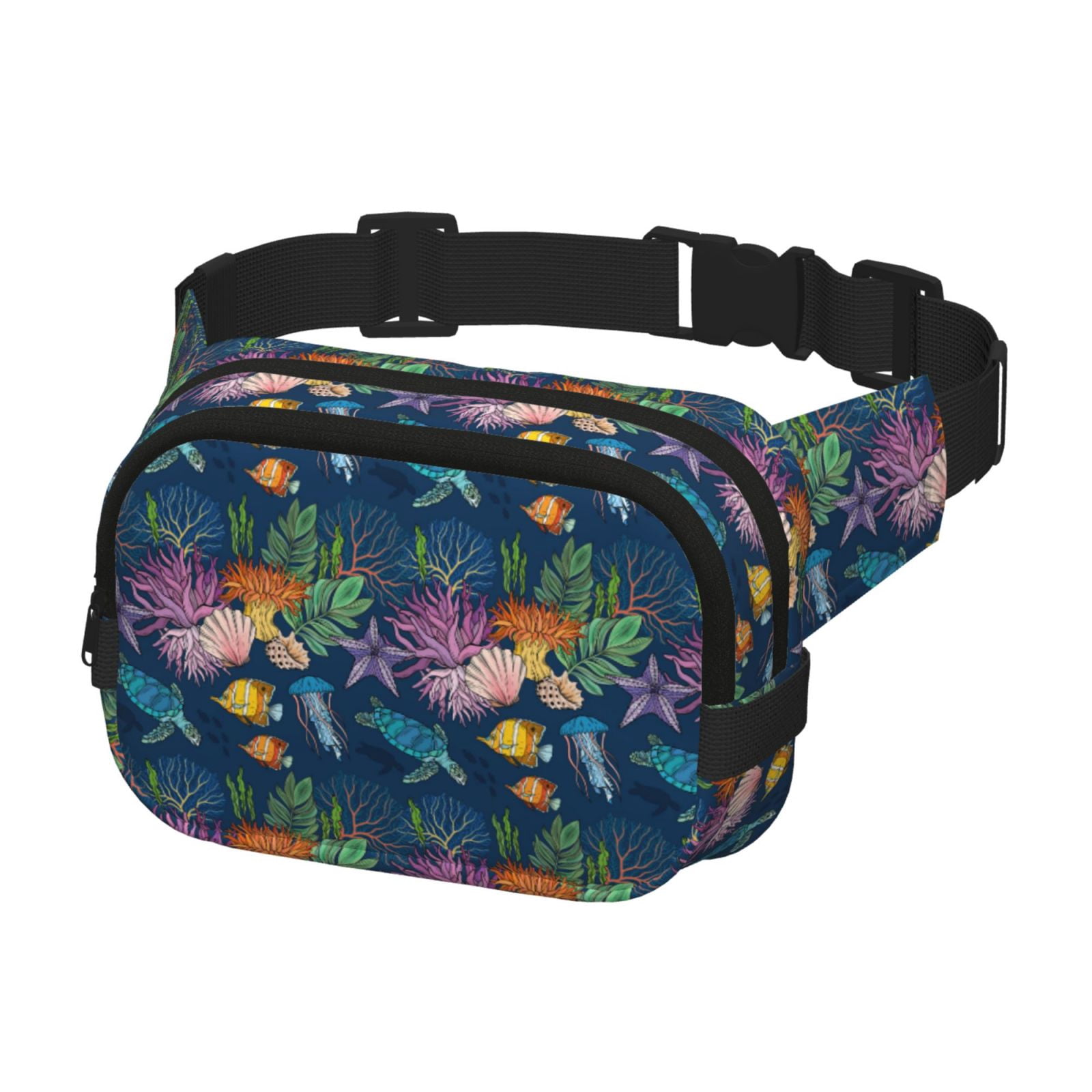 Picia Undersea Animals Print Square Double-Layer Waist Bag Mini Adjustable Waist Belt Bag Exercise Running Travel Hiking