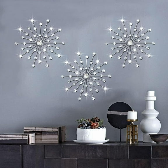 3 Pack Silver Sunburst Wall Decor – Metal Crystal Wall Art with Sparkling Rhinestones, 14’’/18 Inch Starburst Wall Hanging Set for Living Room Bedroom Bathroom – Modern Bling Home Decorations