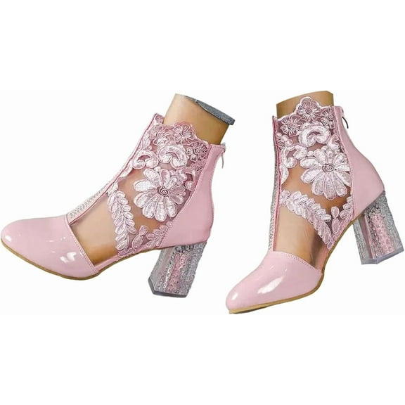 Women's Ankle Booties Embroidered Dress Boots with Block Heel, Back Zipper for Wedding Party