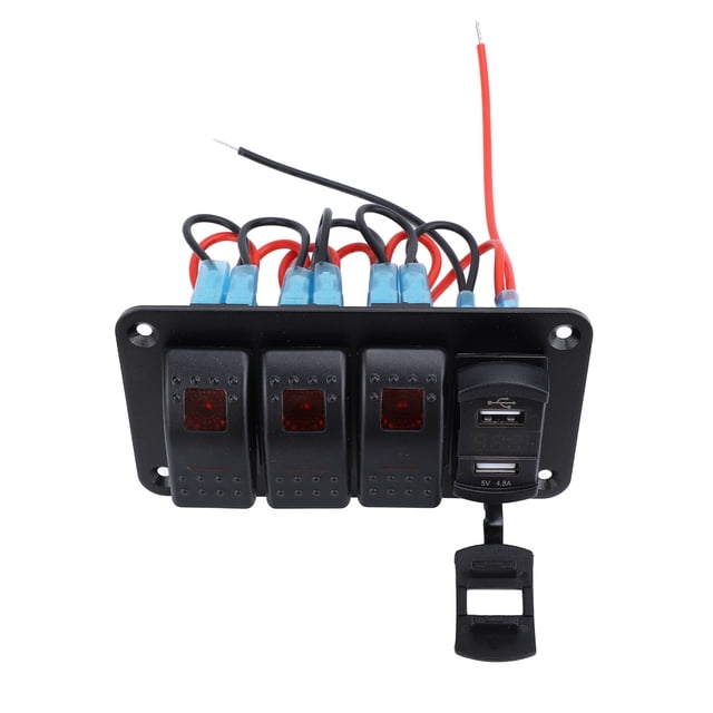 3 Gang Rocker Switch Aluminum Panel for 12V 24V Boat Car Truck Multifuntional Switch Panel with Voltmeter Dual USB Fast Charging Toggle Switch Control Panel