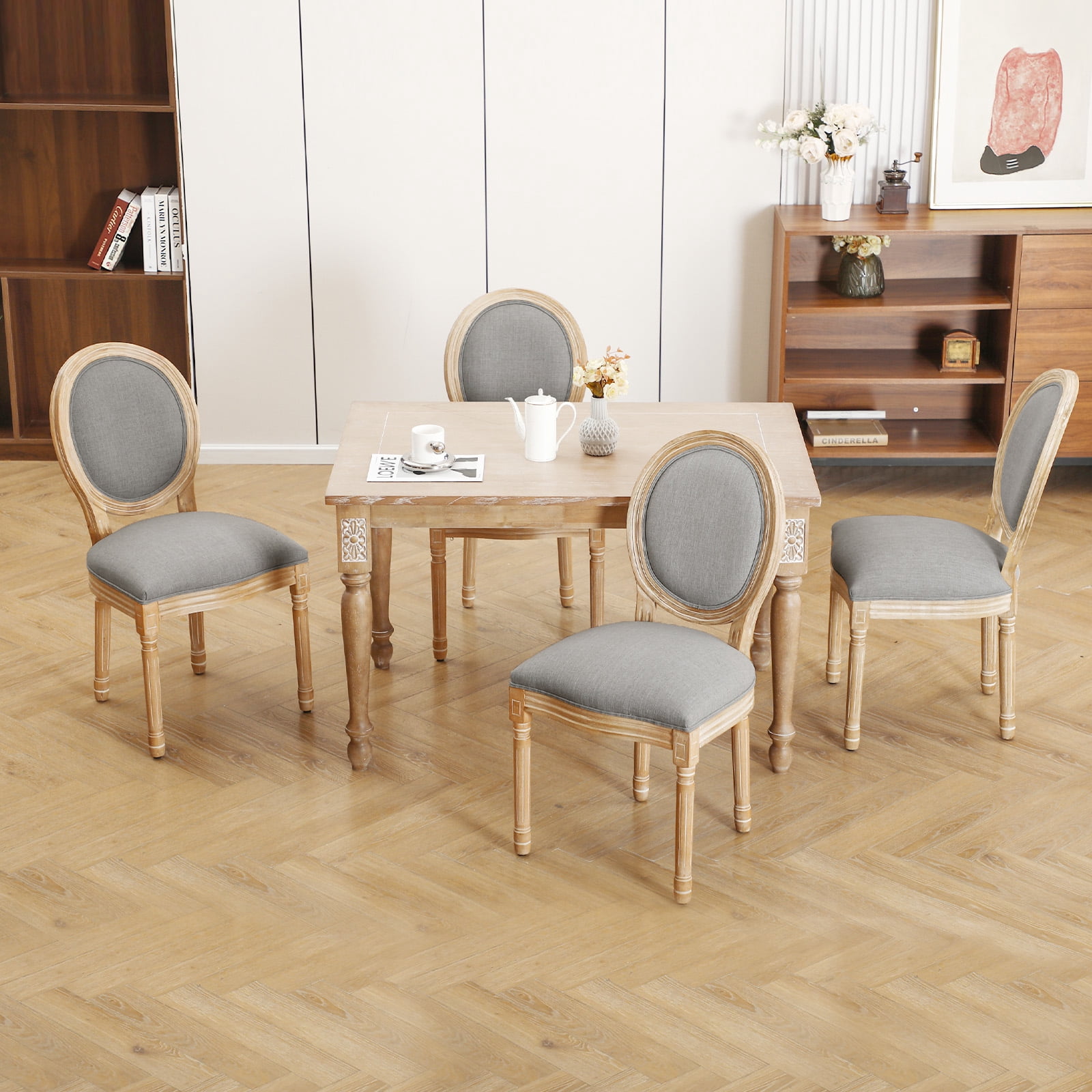 Furniliving French Dining Chairs Set of 4,Farmhouse Dining Room Chairs Side Chairs with Round Back, Gray
