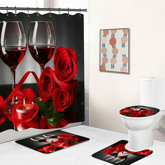 Shower Curtain Four Piece Set Red Rose Flowers Glass Pattern Shower Curtain and Rug Sets Bathroom Decor Set Water Proof Shower Curtain Toilet Rugs Shower Curtain
