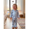 thumbnail image 3 of Cjfdfy Toddler Baby Girl Satin Pajamas Set Solid Color Ruffled Trim Button Down Long Sleeve Tops And Pants Little Baby Cute Soft Satin Loungewear 1-6Y, 3 of 9