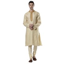 Ethnix Men's Indian Band Collar Fine Embroidered Placket Kurta Tunic Pajama Set; Beige; LG