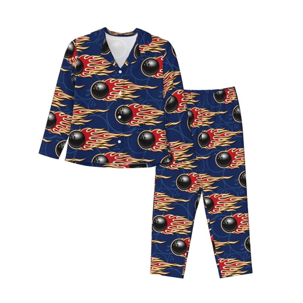 Balery Bowling Ball And Flame Conjunto de Pijama con Estampado para Mujer, Conjunto de Dos Piezas con Manga Larga, Ropa de Dormir Suave con Bolsillos, Pijamas Cómodos-Medium