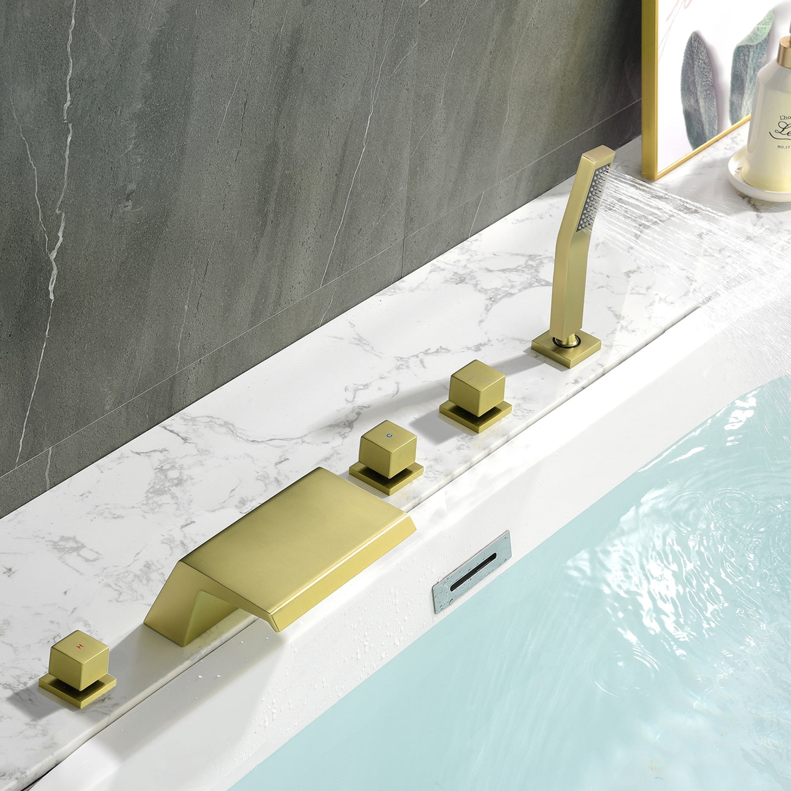 Cobbe 5-Hole Deck Mount Bathtub Faucet Kit with Hot Water Switch, 7.09-Inch Wide Bathtub Spout, Cold Water Switch, Diverter Knob and Handheld shower Brushed Gold