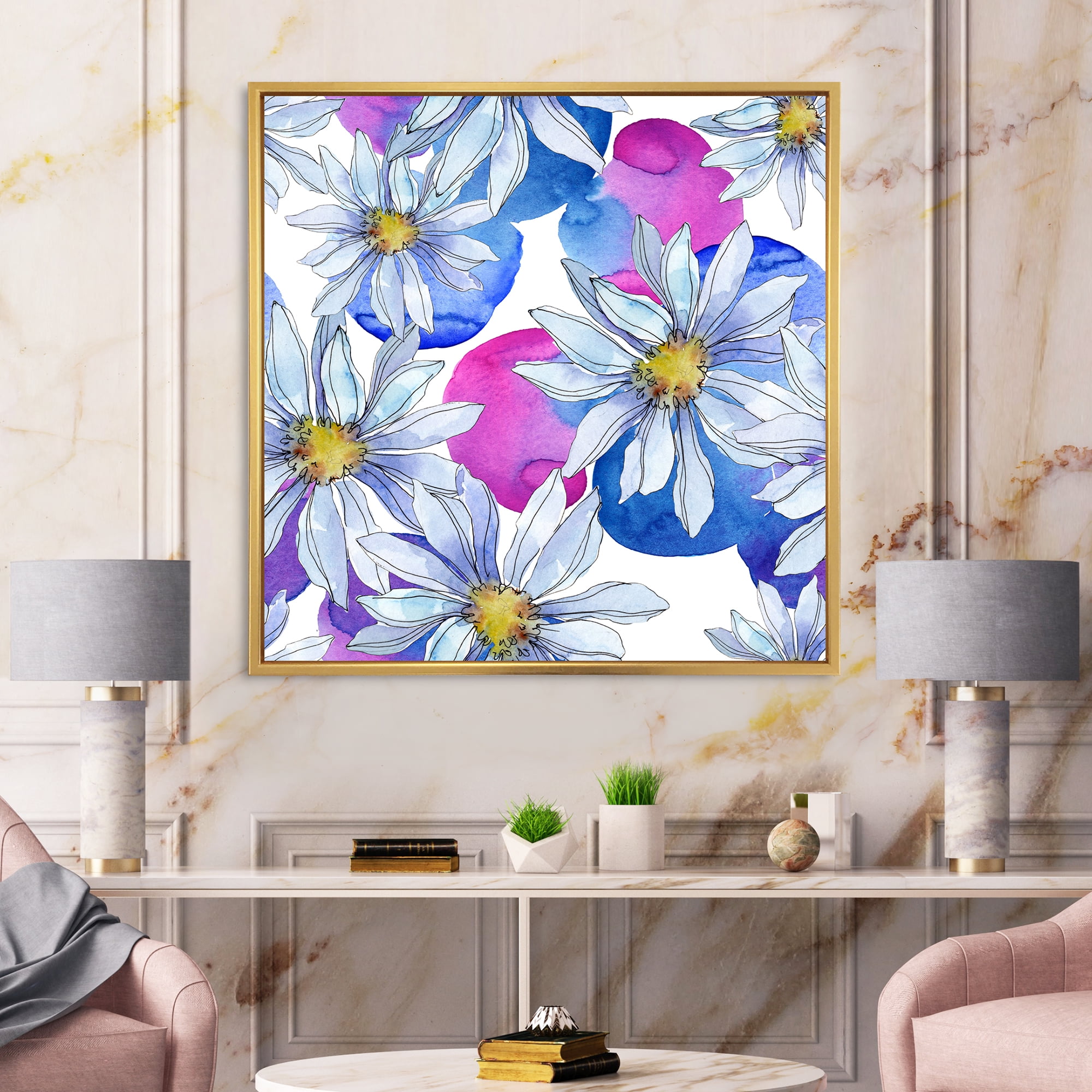 Designart 'Daisies On Red and Blue Backgorund' Traditional Framed Canvas Wall Art Print