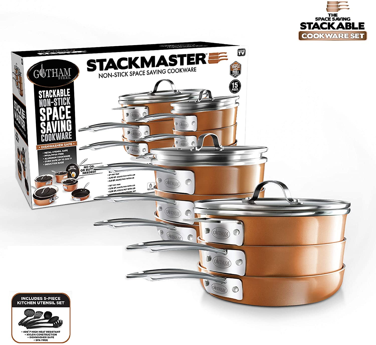 Gotham Steel Cast Textured Copper 15pc Stacking Cookware Set