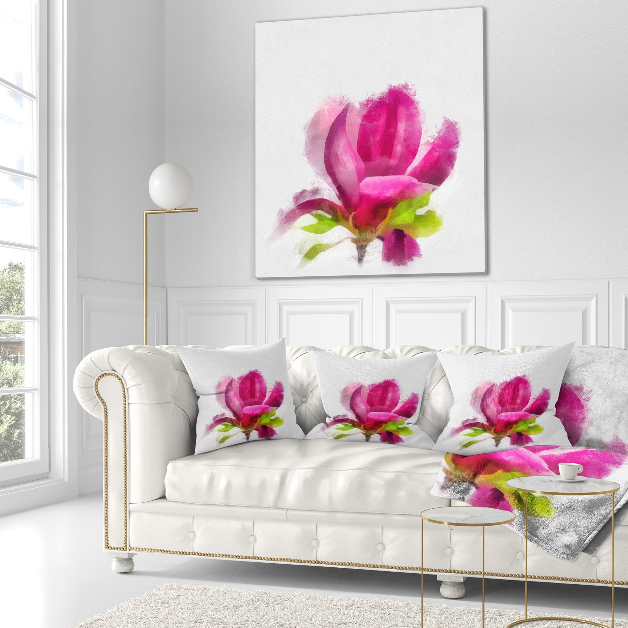 Designart Full Bloom Pink Magnolia Flower - Floral Throw Pillow - 16x16