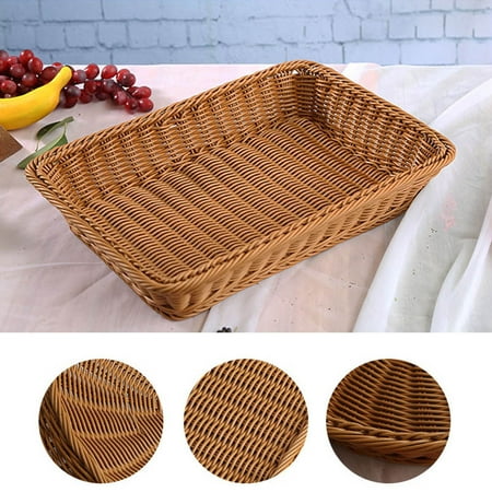 12 Inch Bucket Basket Poly-Wicker Bread Basket, Long Woven Tabletop Food Fruit Vegetables Serving Basket, Restaurant Serving, Honey Brown - 12