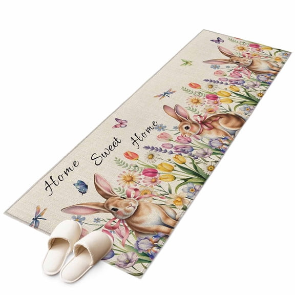 Sweet Home Area Rugs 2x6ft Easter Bunny Spring Butterflies Flowers Vintage Leaf Floor Mat Non Slip Low Pile Ultra Soft Throw Carpet for Entryway Indoor Entrance Kitchen Bathroom