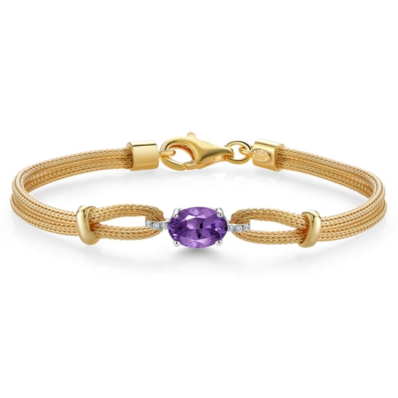 Gem Stone King 925 Two Tone Sterling Silver Purple Amethyst and White Lab Grown Diamond Bracelet for Women (1.19 Cttw, Gemstone February Birthstone, Oval 8X6MM, 6.5/7/7.5 inches, Made in Italy)