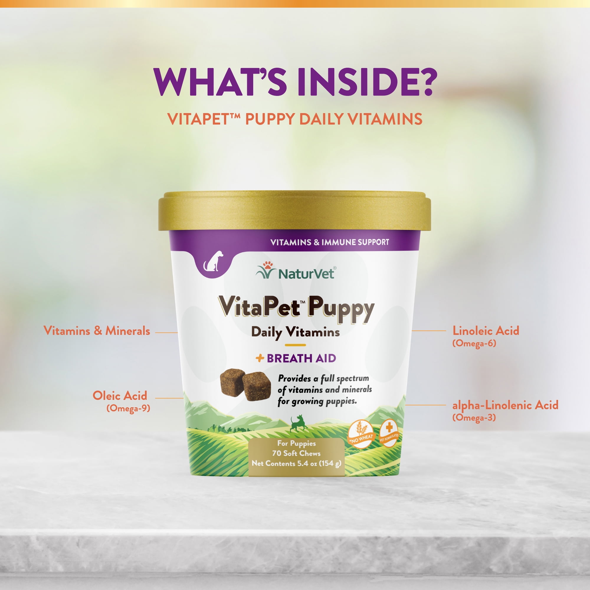 NaturVet – VitaPet Puppy Daily Vitamins for Dogs – Plus Breath Aid – Specifically Formulated to Provide Puppies with Essential Vitamins, Minerals, Amino Acids & Fatty Acids – 70ct Soft Chew