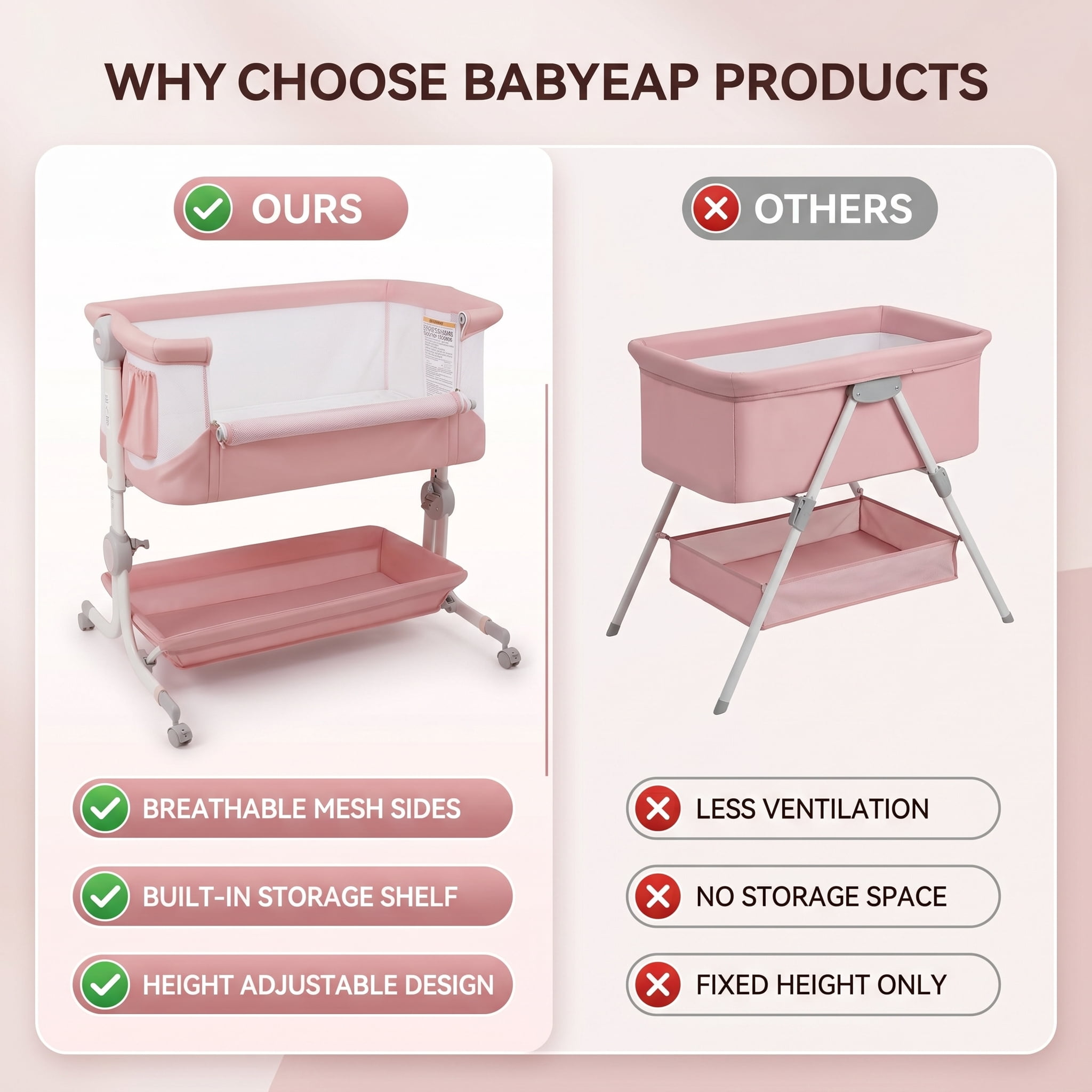Moveasy Baby Bassinet, with Adjustable Height, Breathable Mesh Sides, Storage Basket, Wheels, Dark Gray